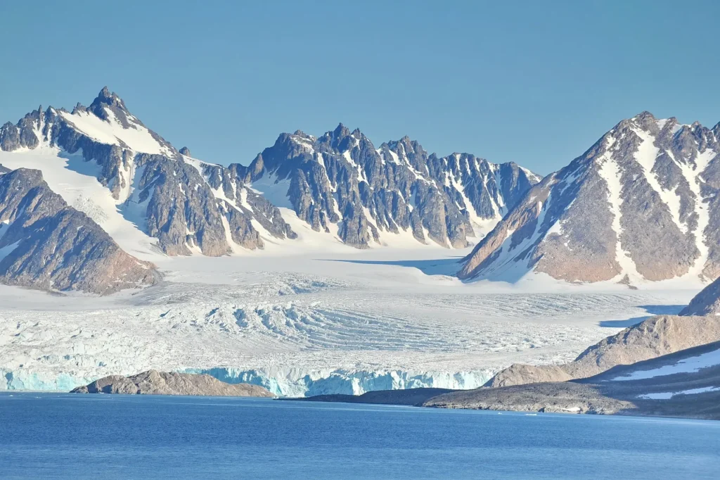 Svalbard landscape Peaks of snow-capped mountains on Svalbard.